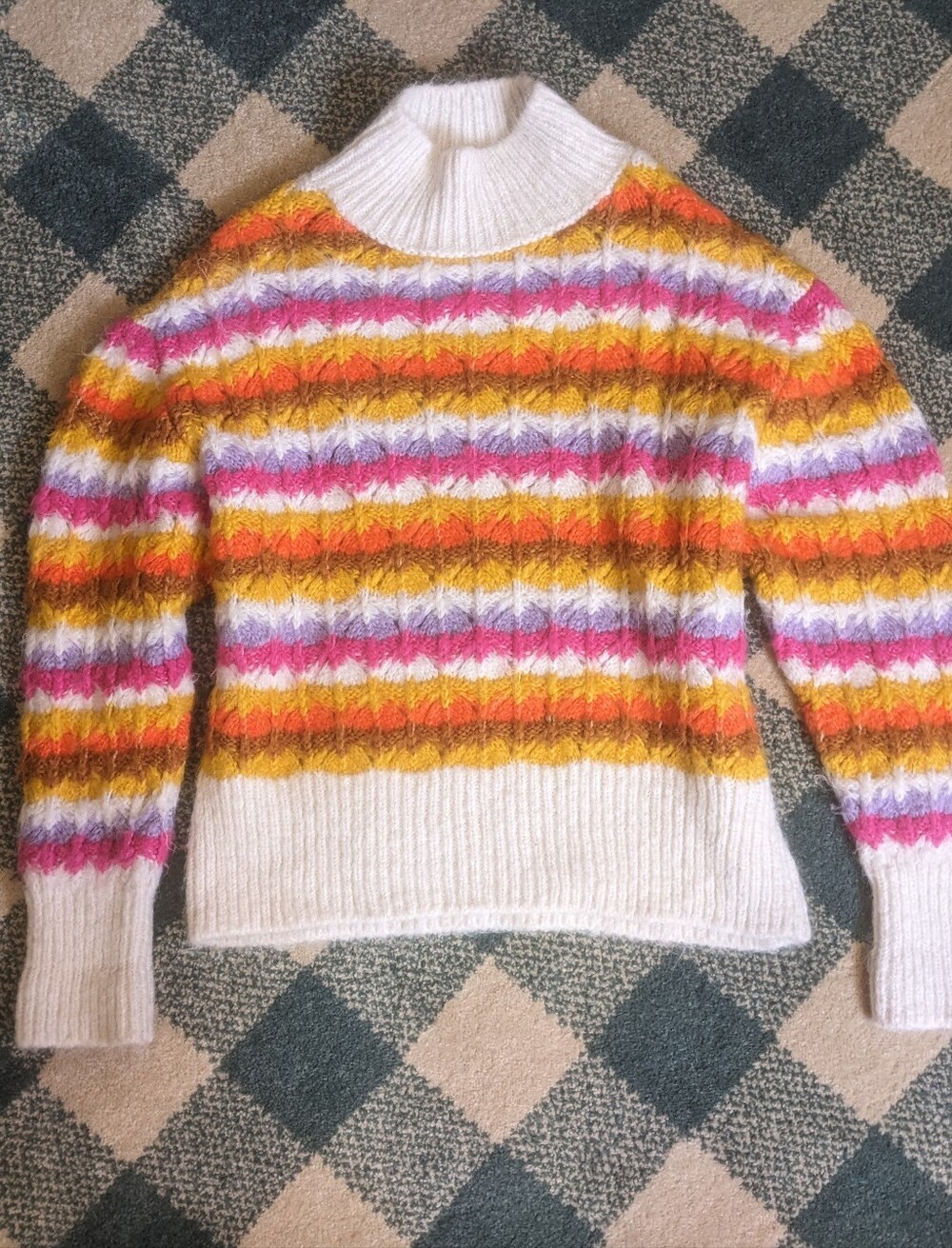 Zara Autumn Color Chunky Fall Sweater Colorful Stripe Mock Neck Size Medium